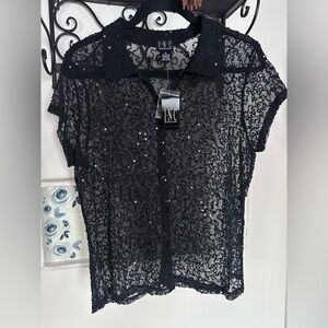 INC International Concepts Black Sequin Sheer Button up Blouse